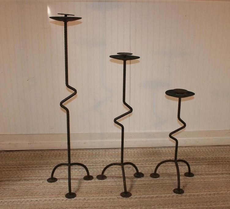   of 3 Decorative Bent Rebar Metal Floor Candle Stands Candelabra Holder