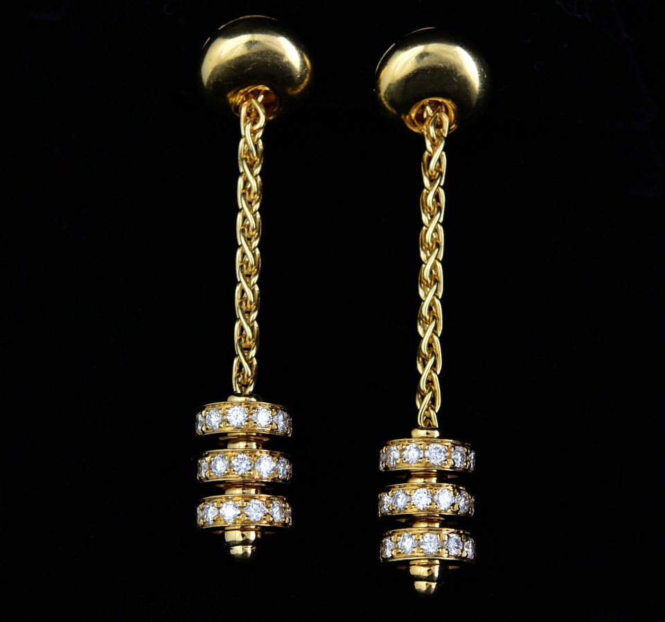   SIGNED EUROPEAN DESIGNER DIAMOND 18K GOLD ROLLER DANGLE DROP EARRINGS