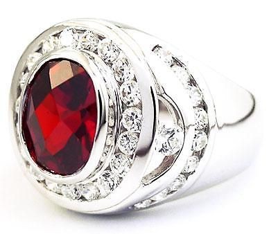 OVAL RED RUBY DIAMOND MENS RING Sz 8.5 RHODIUM STERLING 925 SILVER 