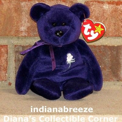 PRINCESS ~ White Rose Purple (Diana) Bear ~ Ty Beanie Baby ~ MINT TAGS 