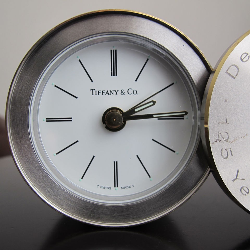 TIFFANY & CO. DESKTOP ALARM CLOCK SWISS QUARTZ MOVEMENT SWIVEL LID 