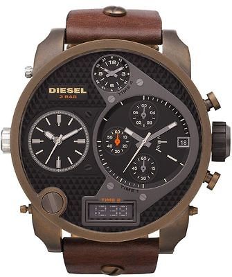 New Diesel Oversize SBA 4 Time Brown Leather Chronograph Mens Watch 