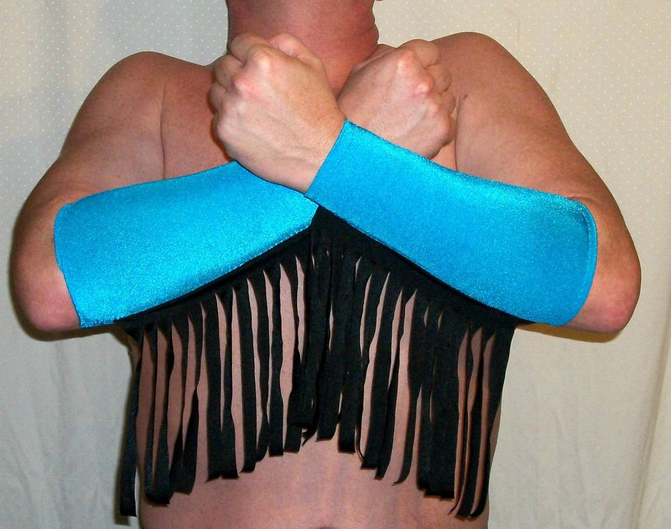 BLUE BLACK FRINGE SPANDEX PRO WRESTLING GEAR GLOVES