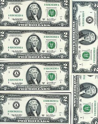 SIX 2.00 TWO DOLLAR BILL $2 REPEATERS SAME NUMBERS OLD MONEY RARE