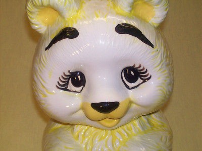 RARE STILL BEAR BANK 1 FT TALL yellow adorable curly laughing eyes VGC