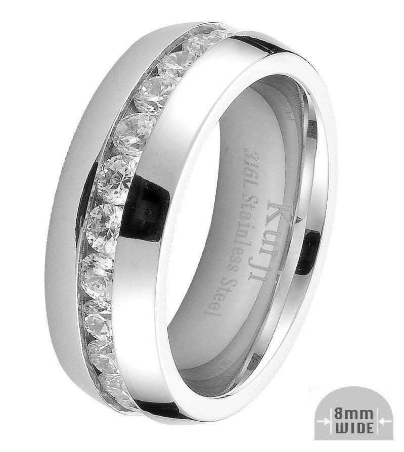 8mm Mens Wedding / Engagement Band Stainless Steel Eternity CZ Ring 