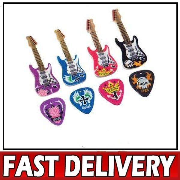   Electric Guitar & Plectrum Pick Novelty Pencil Rubbers Erasers Set