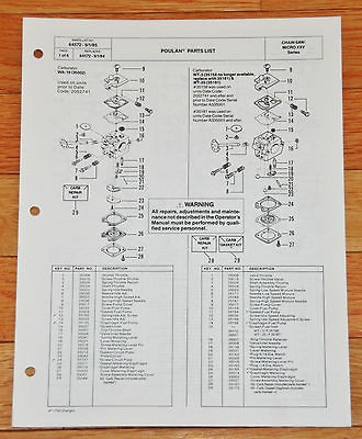 Vtg. Poulan MICRO XXV Chain Saw Parts List Manual PERFECT Craftsman 