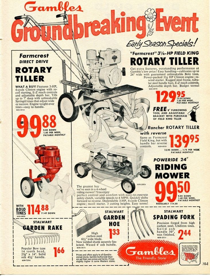 1961 Gambles Farmcrest Field King Tiller & Roweride Tractor Mower Ad