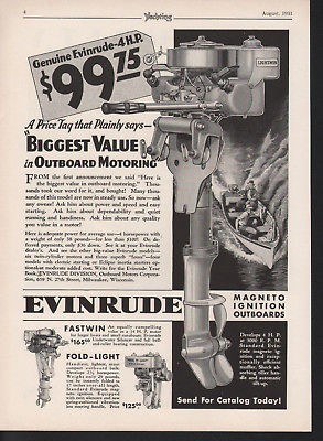 FA 1931 OUTBOARD MOTORS EVINRUDE 4 H P MILWAUKEE BOAT AD