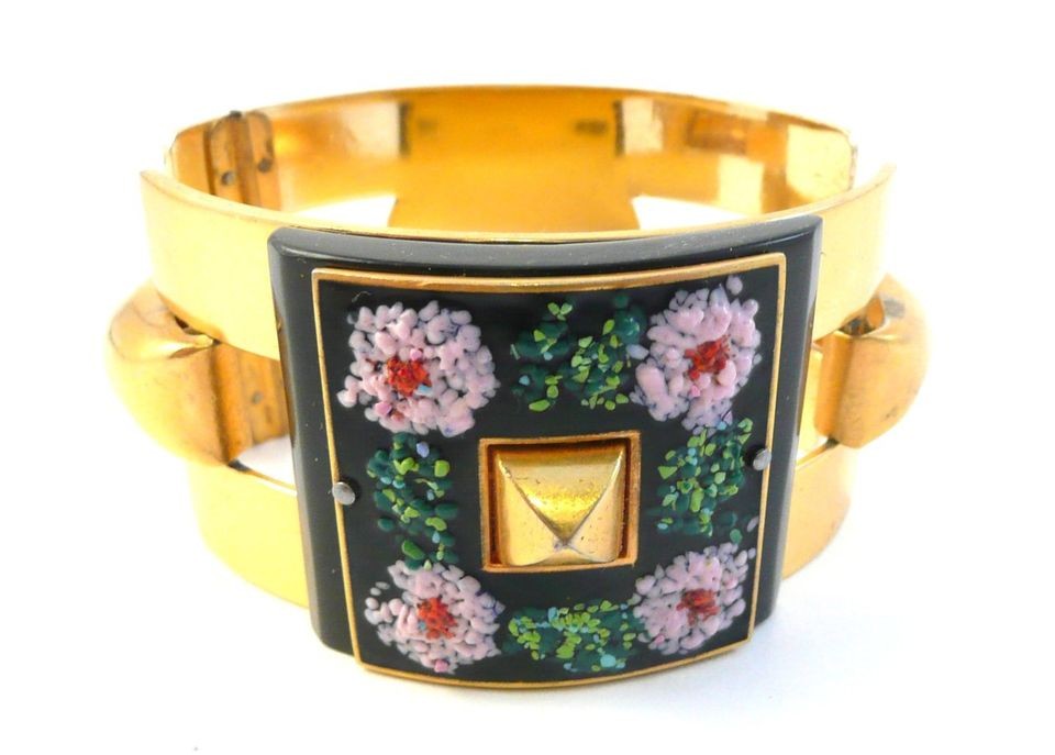 BIG & BOLD Vintage SIGNED France Depose Floral Enamel on Goldtone 