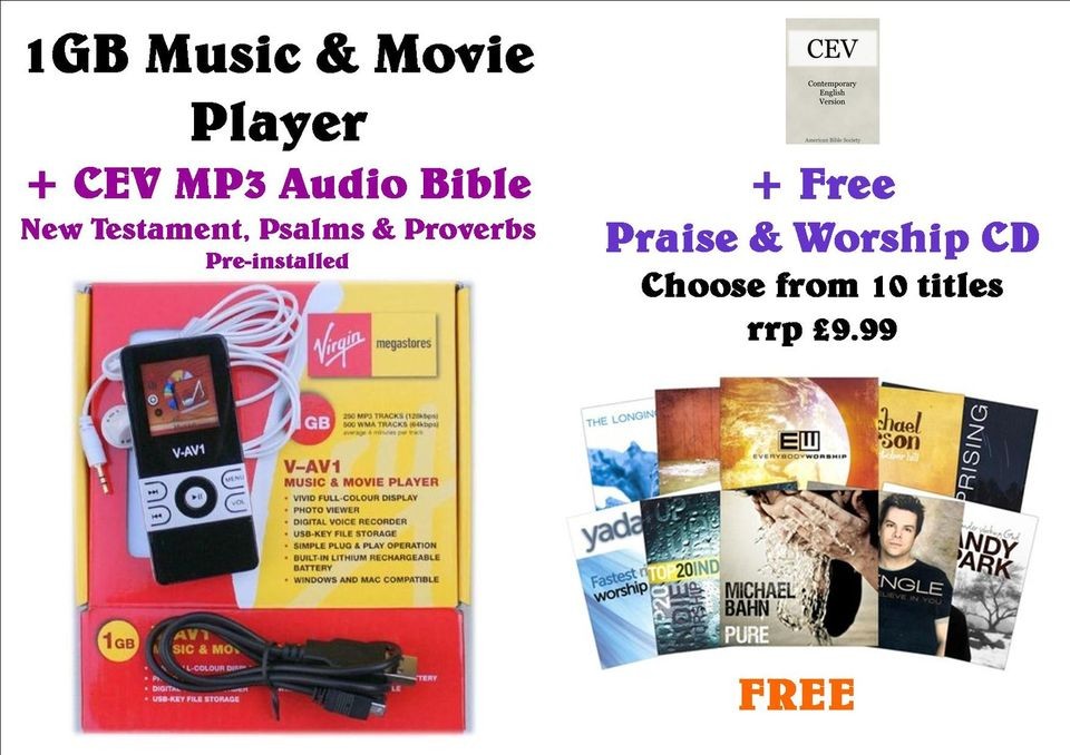 1GB Music & Movie Player+CEV  Audio Bible+FREE Praise & Worship CD 