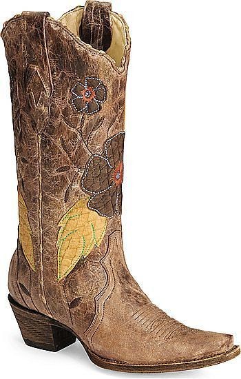 Womens Corral Vintage Brown Daisy Overlay Western Leather Cowboy Boots