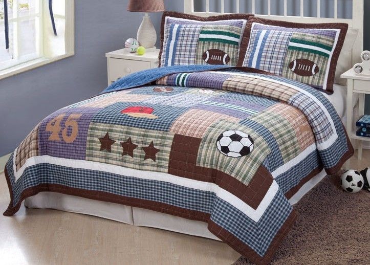 SPORTS FOOTBALL FIELD SOCCER BOYS BLUE TWIN FULL QUEEN QUILT BEDDING 