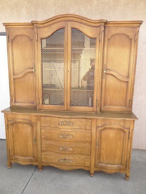 John Widdicomb carved country French break front china cabinet hutch 