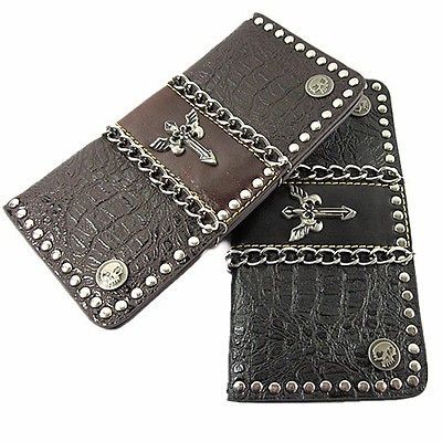 Men Anchor Chain Skull Stud Leather Wallet Rocker Biker Trucker Emo 