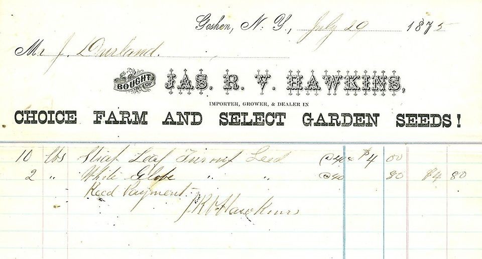 Goshen, NY Jas. R. V. Hawkins Farm & Garden Seeds 1875 Letterhead