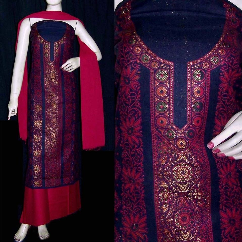 DARKNAVY RED JAMAVAR COTTS WOOL INDIAN SALWAR KAMEEZ SUIT MATERIAL 