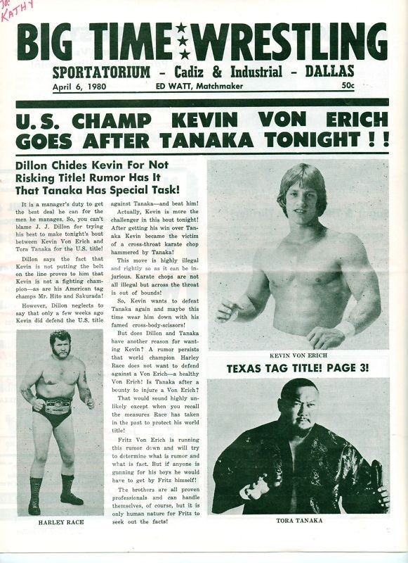 BIG TIME WRESTLING PROGRAM 4/6/80 TANAKA VS VON ERICH