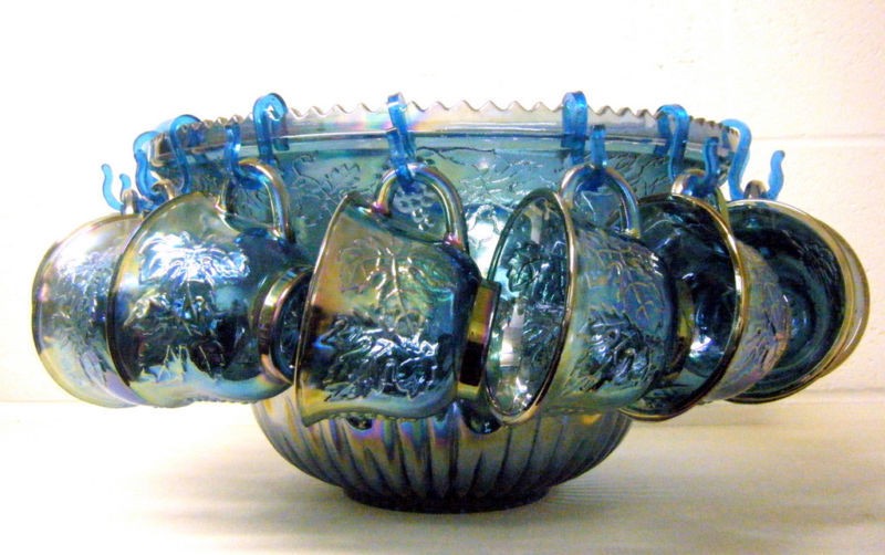 Indiana Blue Carnival Glass Princess Punch Bowl Set 12 Cup Hangers 