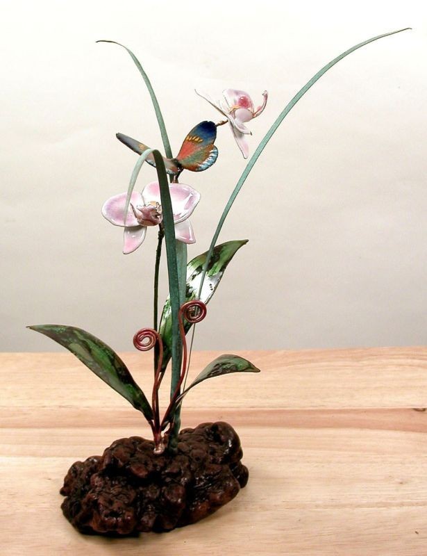 Bovano Enamel Art Table Top Blue Butterfly & Orchid