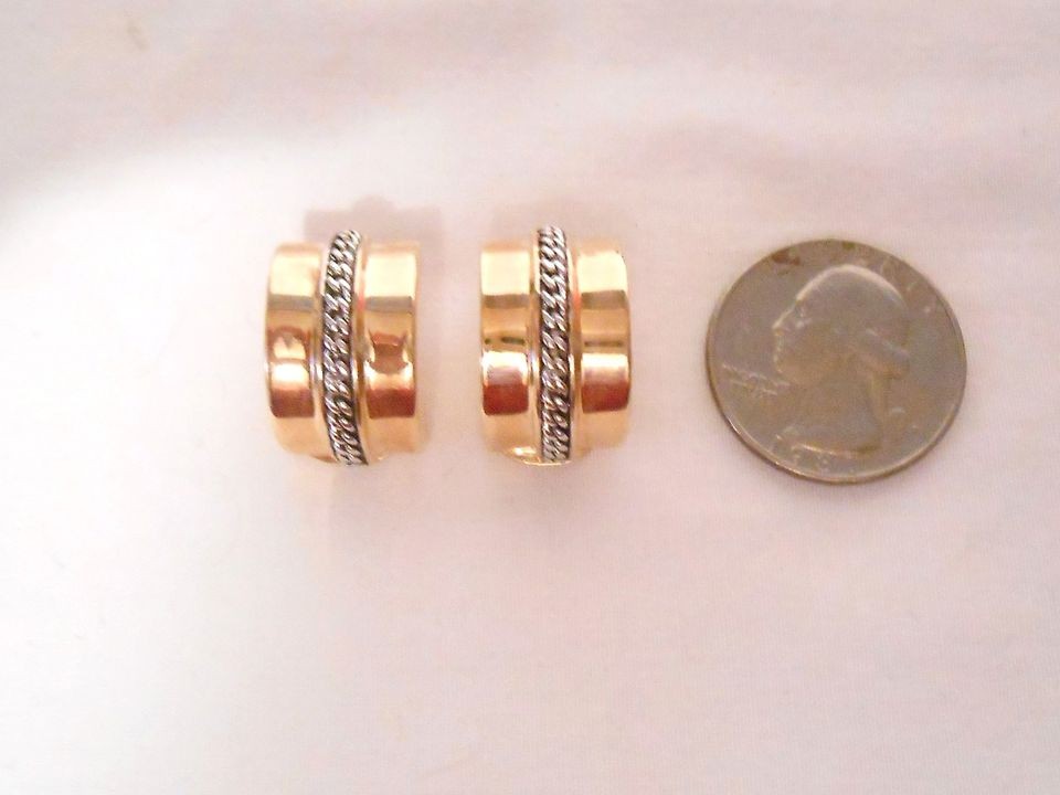 Signed Landau Silver & Gold Tone Rope Center Clip Back Earrings