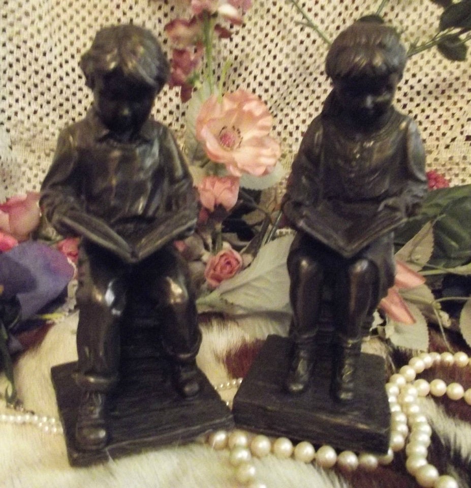 2Pc Vintage BRONZE Boy Girl STATUE Figurine GENESIS Fine Arts IRELAND 