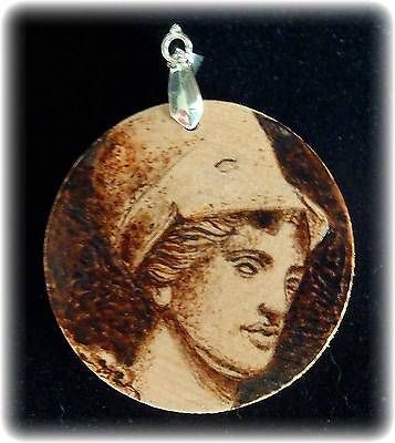 LOVELY WOODEN PENDANT  PYROGRAPHY/WOODBURNING  ROMAN GODDESS MINERVA 