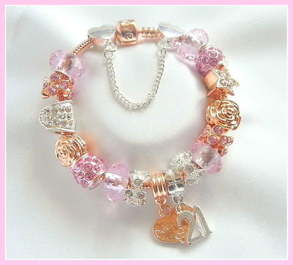 16TH/18TH/21ST ROSE GOLD PINK & SILVER CHARM BRACELET GIFT/PRESENT 