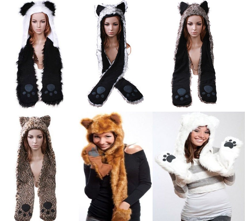 Multifunctiona​​l Animal Hood Hoodie Warm Hat Faux Fur 3 IN 1 Hat 