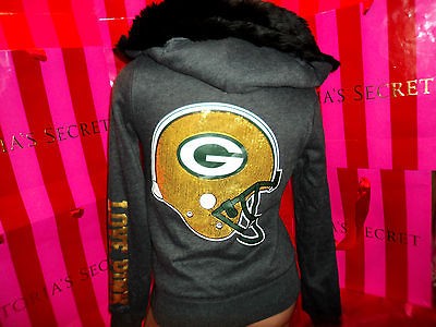   Victoria Secret Pink Green Bay Packers Sequin Fur Jacket Hoodie XS