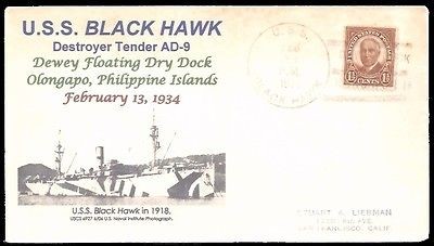 USS BLACK HAWK AD 9 Olongapo 1934 Photo Cachet