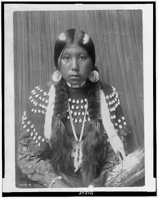 Dusty Dress,Kalispel Indian woman,wrapped braids,elks teeth blanket 