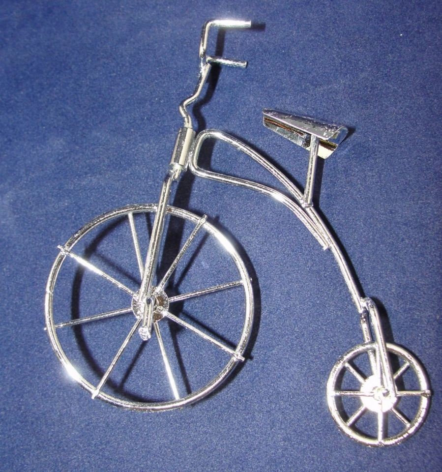 Vintage 4 Silver Metal High Wheel Bicycle Christmas Ornament Rolling 