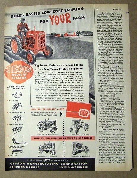 1949 Gibson Farm Tractor Ad 13 by 10.5 FEATURING THE GIBSON MODEL D