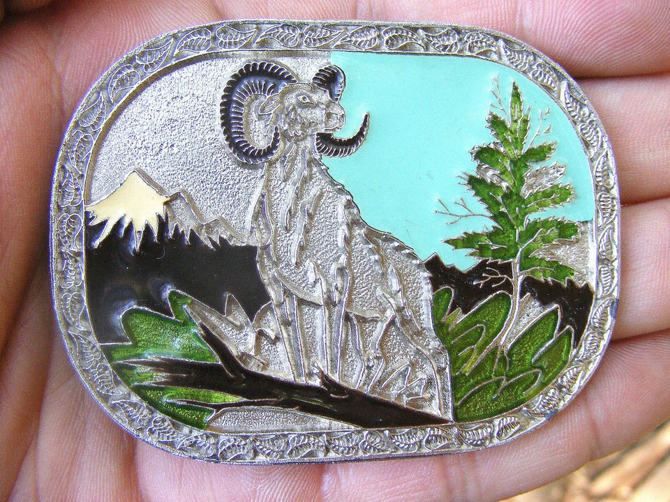 Pewter RAM Belt Buckle ARIES Sheep HORNS Mountains ART Enamel RARE 