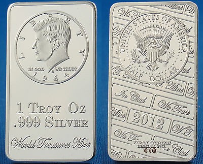   Ounce Bar .999 Silver Clad Bullion  2012 KENNEDY HALF DOLLAR  P#1021M