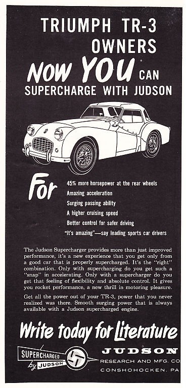 1960 Triumph TR 3 art Judson Supercharger promo ad