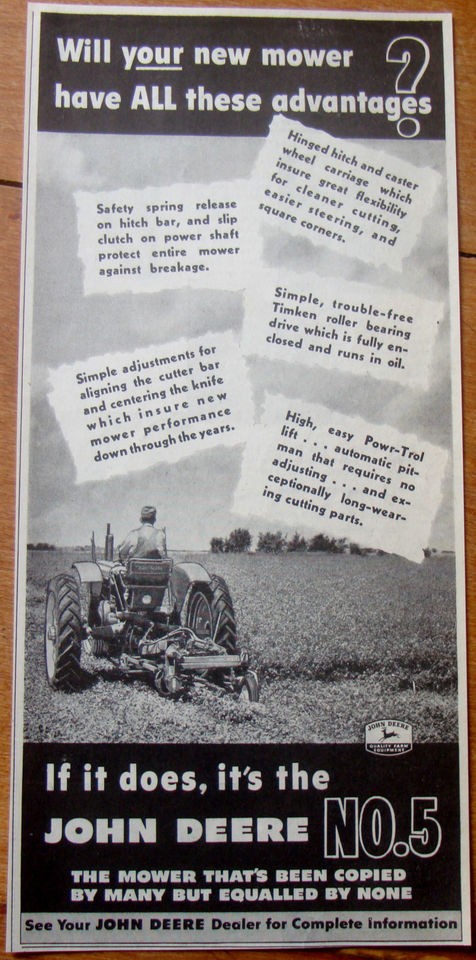 1949 JOHN DEERE No. 5 TRACTOR CANADA AD MOWER HITCH BAR FARMER