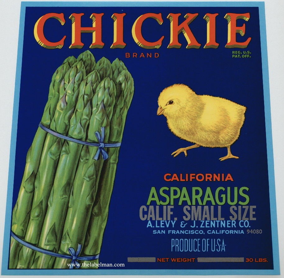 CHICKIE Vintage Asparagus Crate Label chicken bird blue