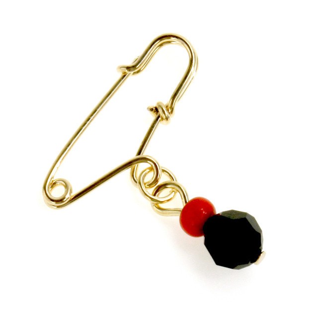 Gold GF Jet Black AZABACHE Coral AMULET EVIL EYE Bib Pin Brooch Baby 