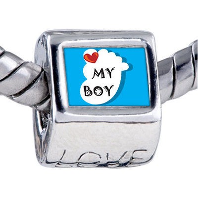 PUGSTER HEART MY BABY BOY FOOT BLUE CHARM PHOTO BEAD FOR BRACELET R94