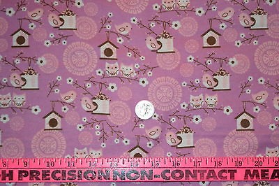 OOP JOANN CUTE, OWLS & BIRDS IN TREES ON PURPLE FLANNEL 35 INCHES