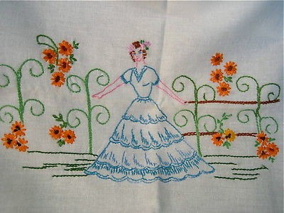 Vintage Hand Embroidered Linen Pillow Cases Pretty Lady Sunflowers