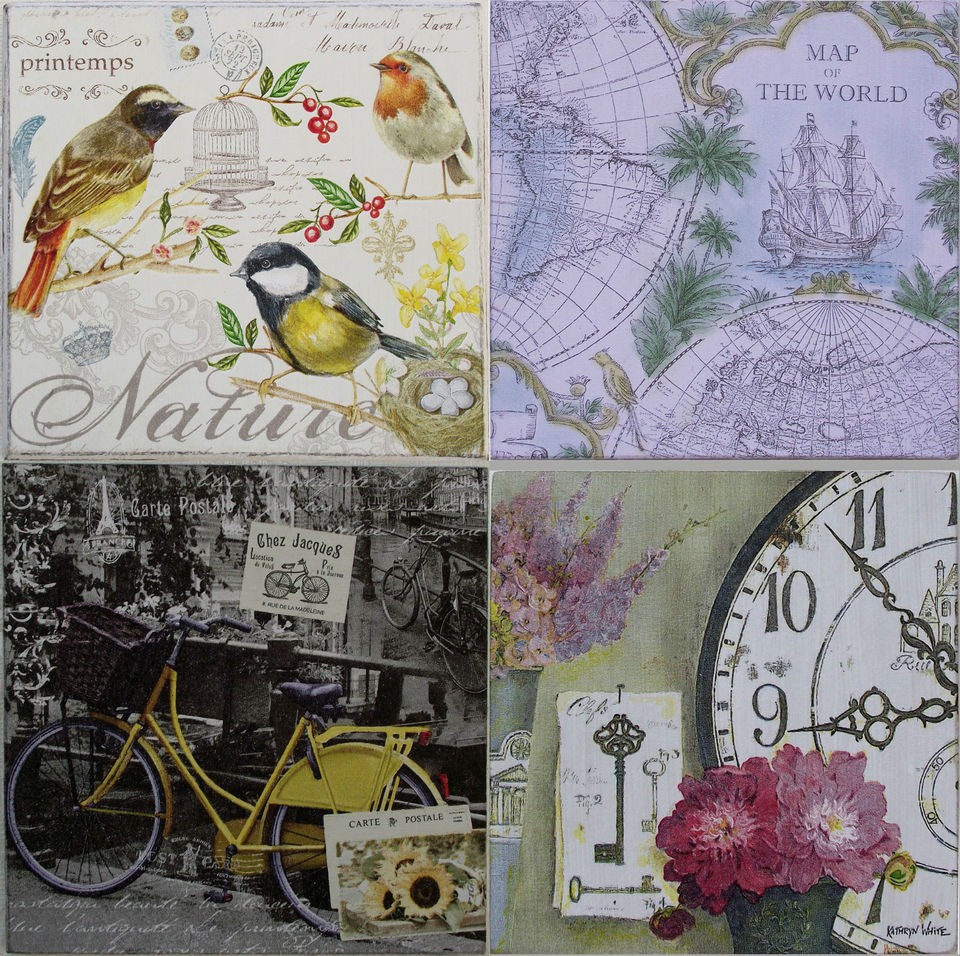 Vintage Shabby Chic Picture Plaque   Bird, French Bike, World Map 