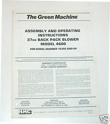 GREEN MACHINE Parts Operating Manual Back Pack 4600