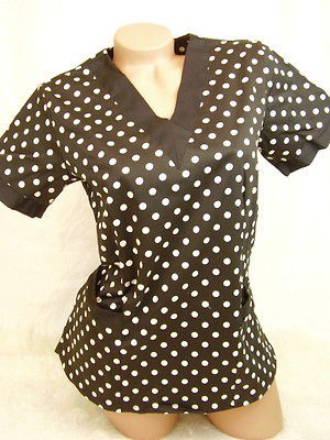 New Women Nursing Scrub Black White Polka Dots Stretch Cotton Top Size 