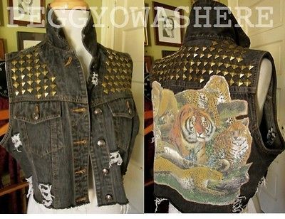 VTG JUNGLE CATS CUT OFF FADED BLACK DENIM CROP JACKET VEST STUD TIGER 