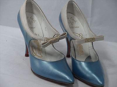 VTG 40s Carmelletes Ecstasy Aqua Leather Rhinestone Bow High Heel 