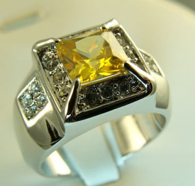 Mens simulated GOLDEN TOPAZ ring 20 czs 18K yellow gold overlay size 